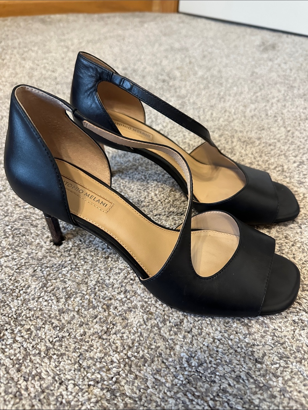ANTONIO MELANI Black Leather Open-Toe T-Strap Heels